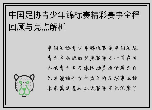 中国足协青少年锦标赛精彩赛事全程回顾与亮点解析